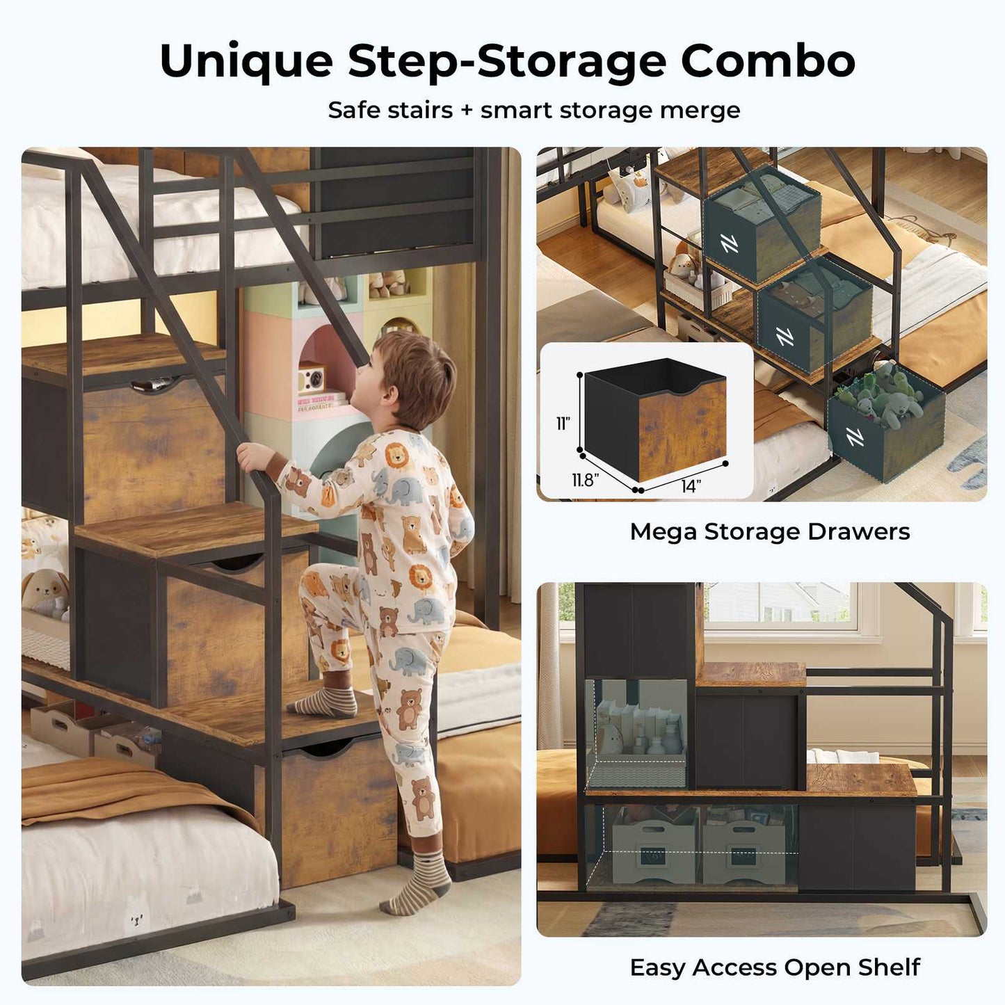 ADORNEVE Triple Bunk Bed with Storage Staircase and RGB Lights Metal Twin Over Twin Bed with Charging Station and Headboard Shelf