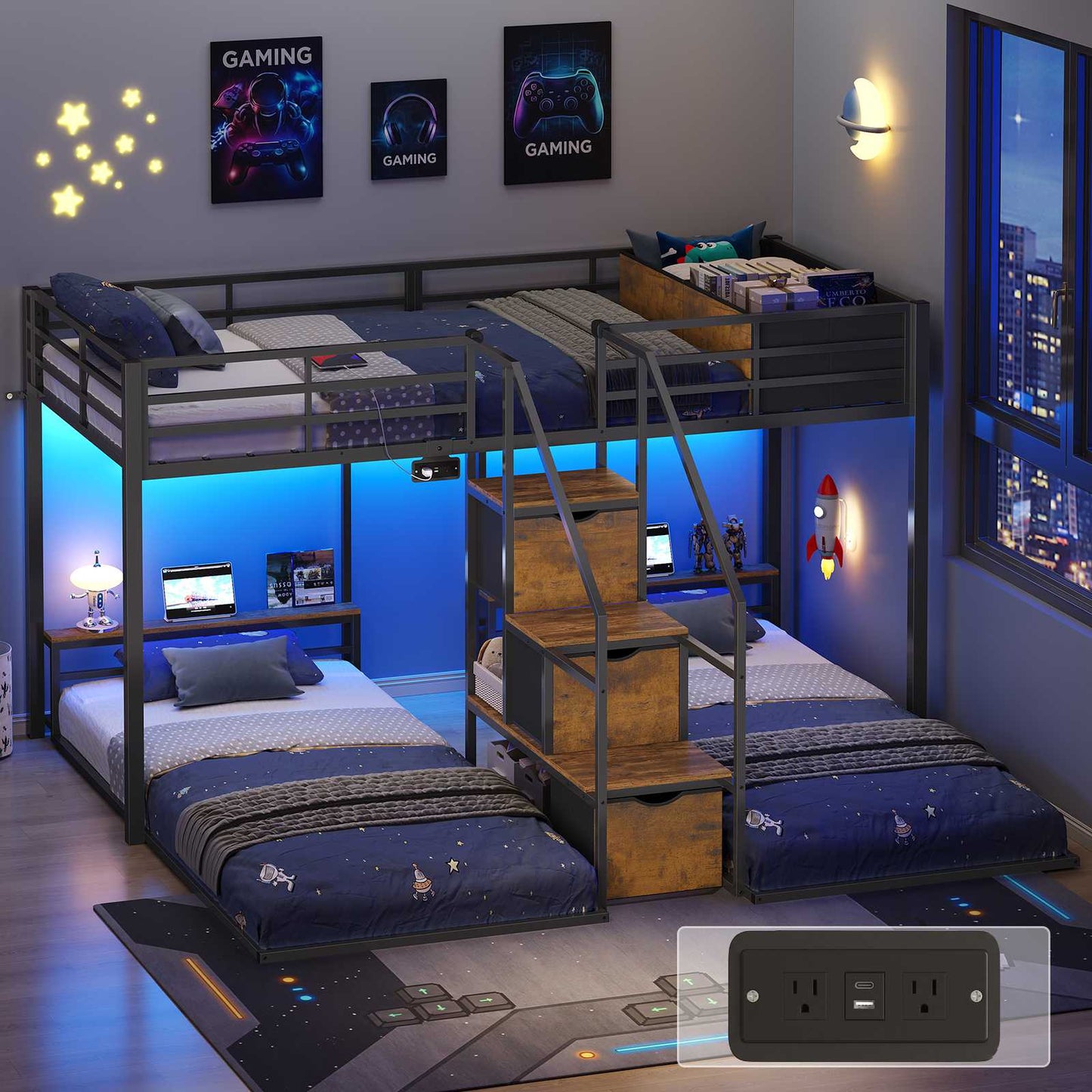 ADORNEVE Triple Bunk Bed with Storage Staircase and RGB Lights Metal Twin Over Twin Bed with Charging Station and Headboard Shelf
