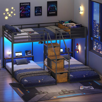ADORNEVE Triple Bunk Bed with Storage Staircase and RGB Lights Metal Twin Over Twin Bed with Charging Station and Headboard Shelf