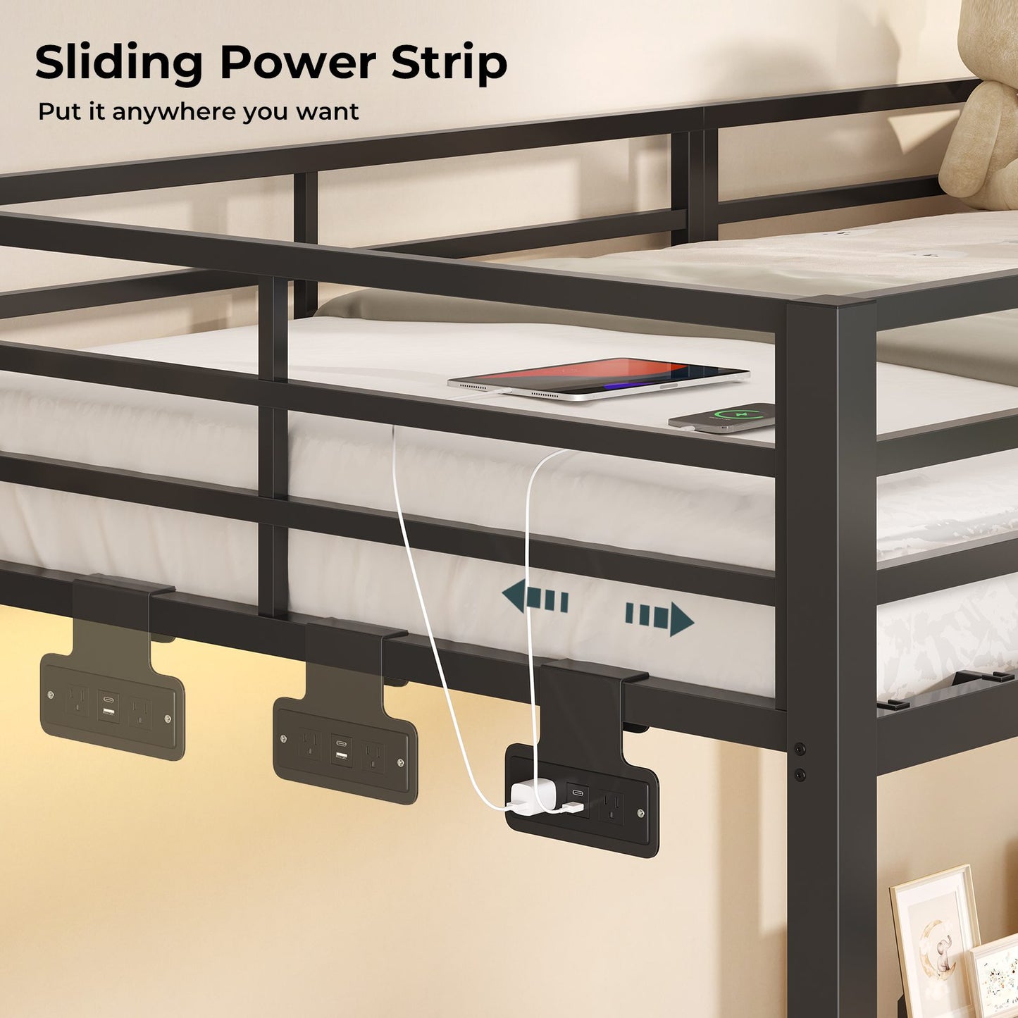 ADORNEVE Triple Bunk Bed with Storage Staircase and RGB Lights Metal Twin Over Twin Bed with Charging Station and Headboard Shelf