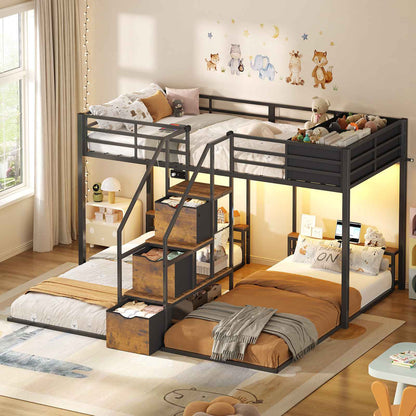 ADORNEVE Triple Bunk Bed with Storage Staircase and RGB Lights Metal Twin Over Twin Bed with Charging Station and Headboard Shelf