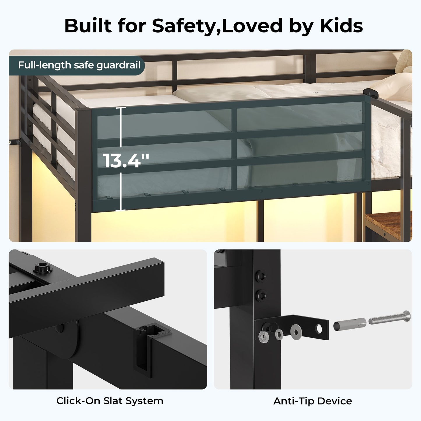 ADORNEVE Triple Bunk Bed with Storage Staircase and RGB Lights Metal Twin Over Twin Bed with Charging Station and Headboard Shelf