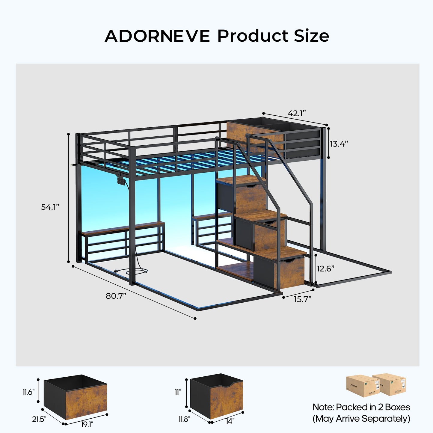 ADORNEVE Triple Bunk Bed with Storage Staircase and RGB Lights Metal Twin Over Twin Bed with Charging Station and Headboard Shelf