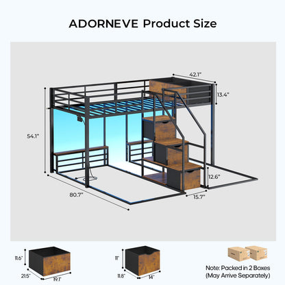 ADORNEVE Triple Bunk Bed with Storage Staircase and RGB Lights Metal Twin Over Twin Bed with Charging Station and Headboard Shelf