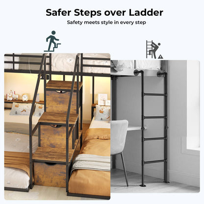 ADORNEVE Triple Bunk Bed with Storage Staircase and RGB Lights Metal Twin Over Twin Bed with Charging Station and Headboard Shelf