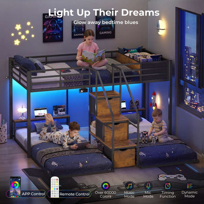 ADORNEVE Triple Bunk Bed with Storage Staircase and RGB Lights Metal Twin Over Twin Bed with Charging Station and Headboard Shelf