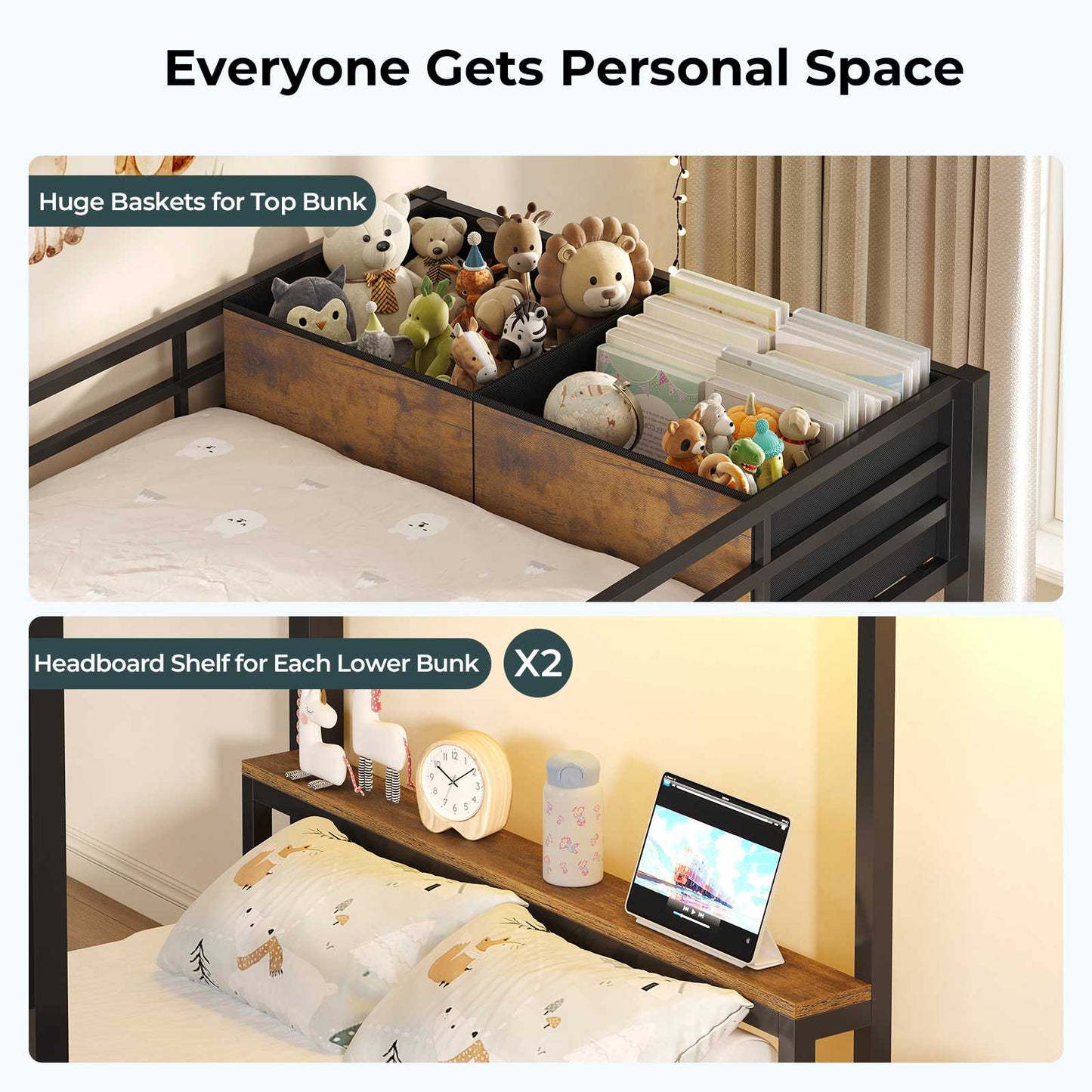 ADORNEVE Triple Bunk Bed with Storage Staircase and RGB Lights Metal Twin Over Twin Bed with Charging Station and Headboard Shelf