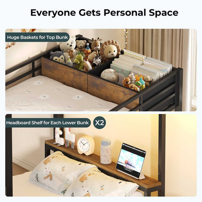 ADORNEVE Triple Bunk Bed with Storage Staircase and RGB Lights Metal Twin Over Twin Bed with Charging Station and Headboard Shelf