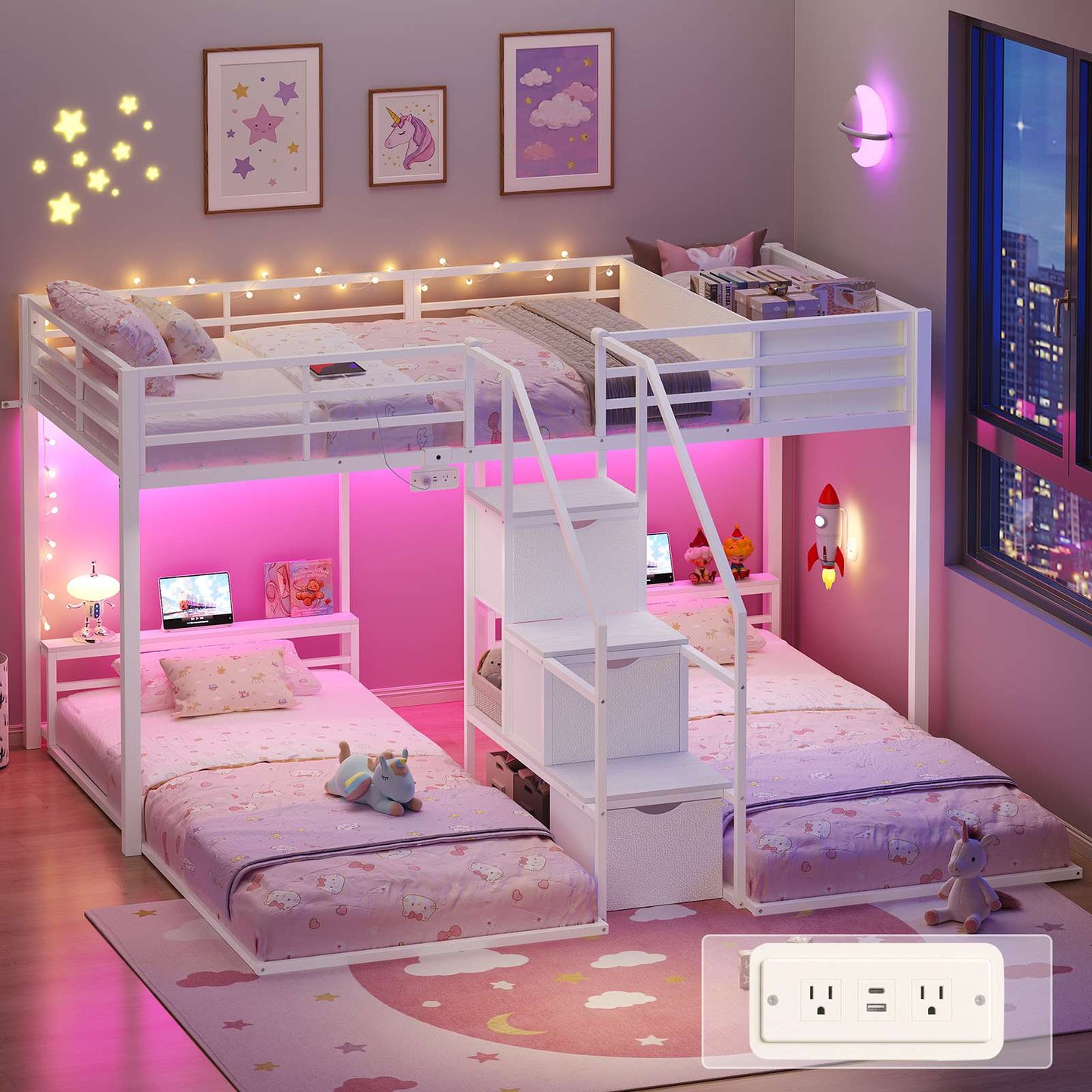 ADORNEVE Triple Bunk Bed with Storage Staircase and RGB Lights Metal Twin Over Twin Bed with Charging Station and Headboard Shelf