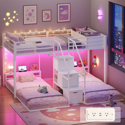 ADORNEVE Triple Bunk Bed with Storage Staircase and RGB Lights Metal Twin Over Twin Bed with Charging Station and Headboard Shelf