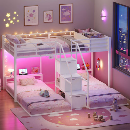 ADORNEVE Triple Bunk Bed with Storage Staircase and RGB Lights Metal Twin Over Twin Bed with Charging Station and Headboard Shelf