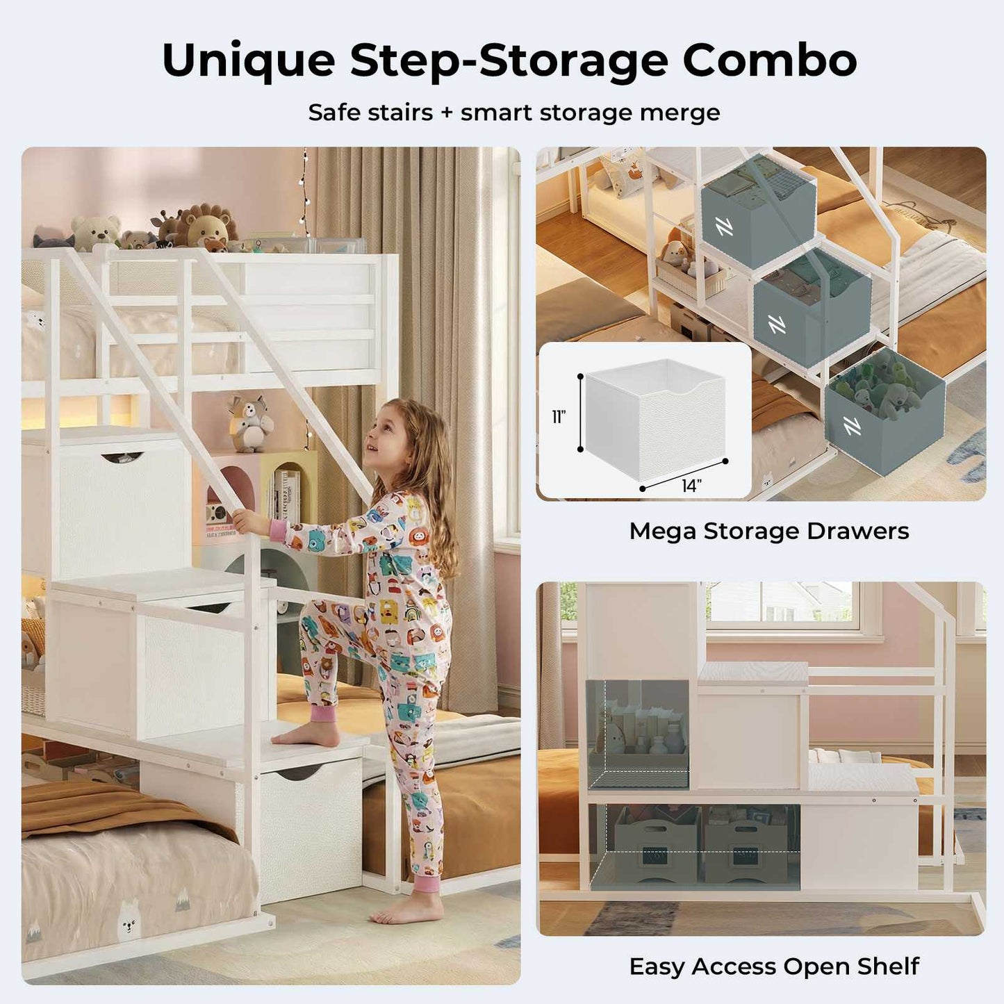 ADORNEVE Triple Bunk Bed with Storage Staircase and RGB Lights Metal Twin Over Twin Bed with Charging Station and Headboard Shelf
