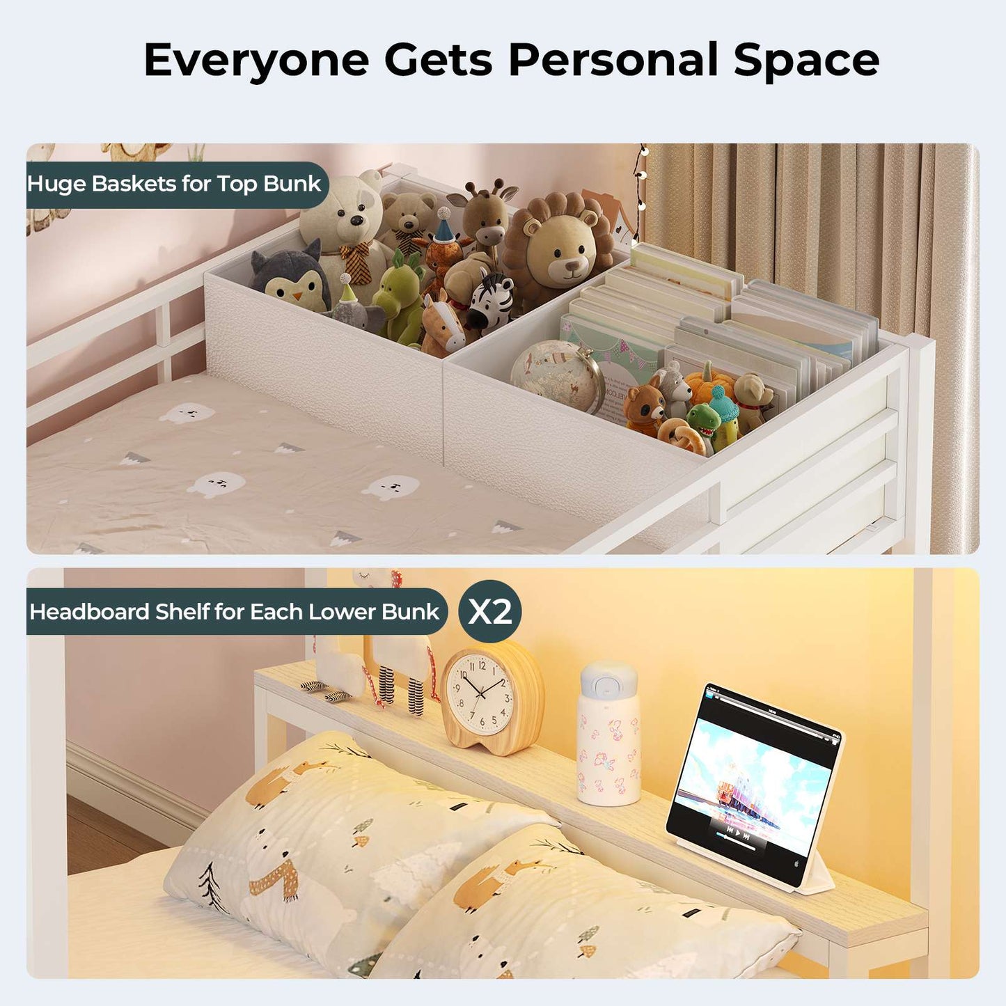 ADORNEVE Triple Bunk Bed with Storage Staircase and RGB Lights Metal Twin Over Twin Bed with Charging Station and Headboard Shelf