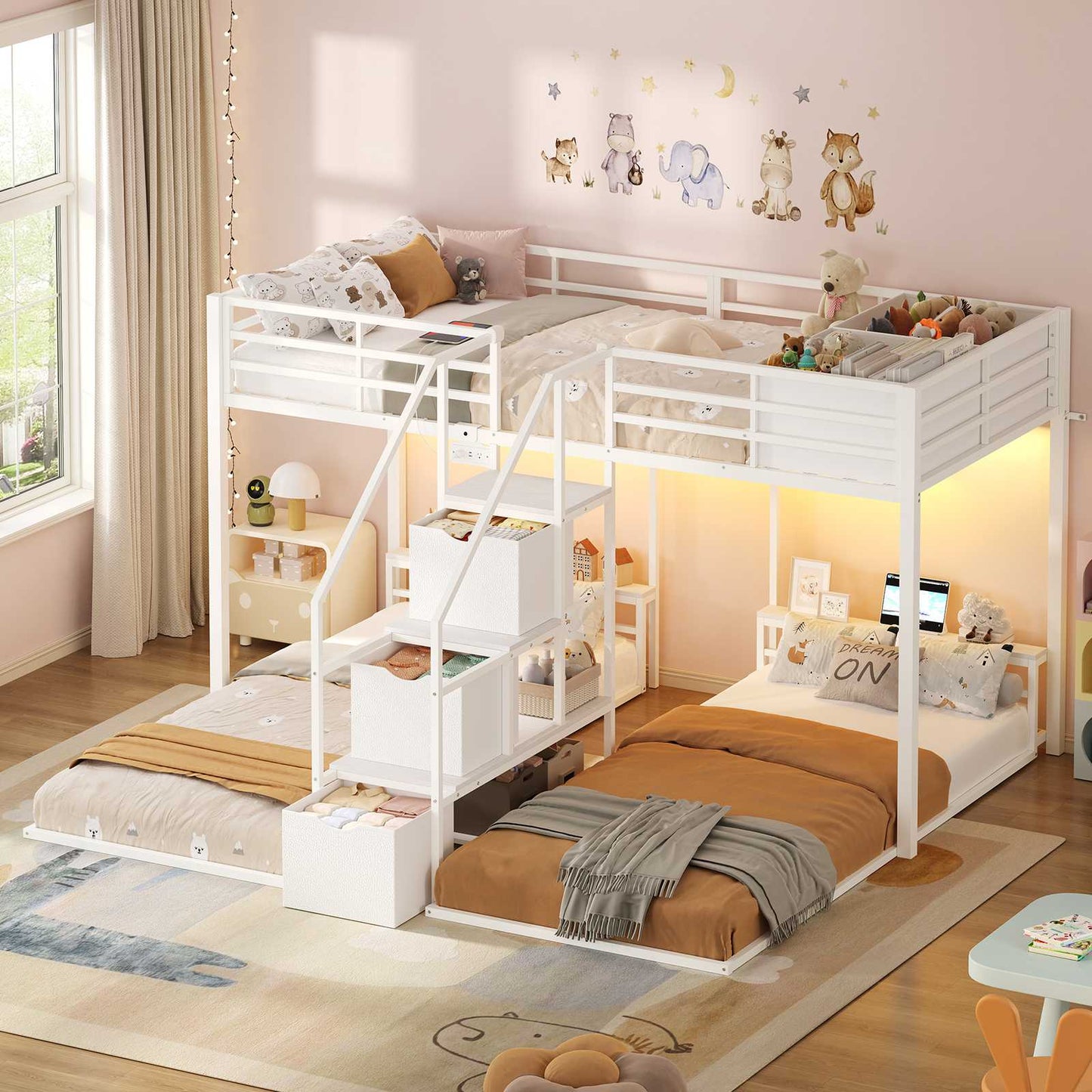 ADORNEVE Triple Bunk Bed with Storage Staircase and RGB Lights Metal Twin Over Twin Bed with Charging Station and Headboard Shelf