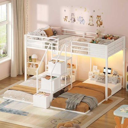 ADORNEVE Triple Bunk Bed with Storage Staircase and RGB Lights Metal Twin Over Twin Bed with Charging Station and Headboard Shelf