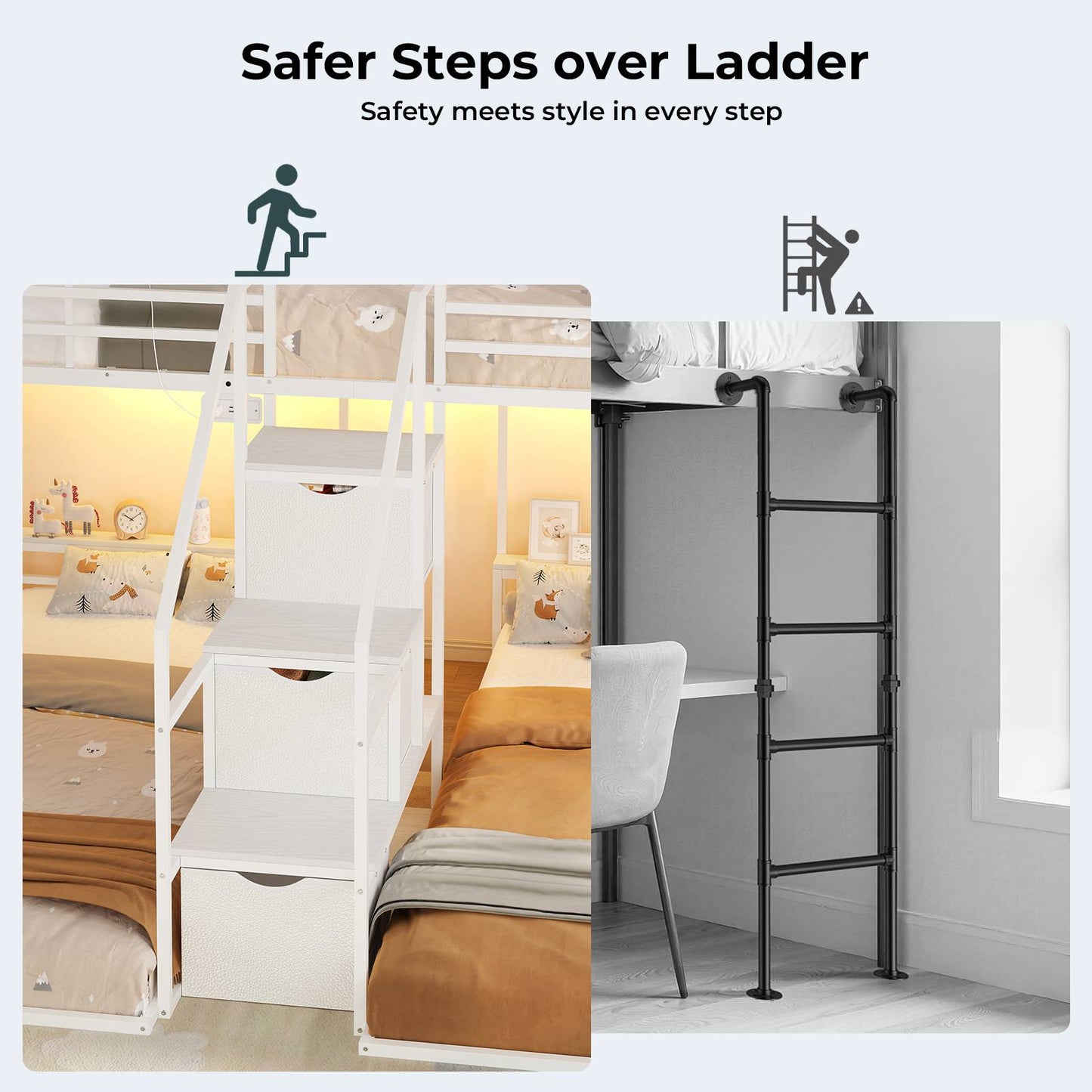 ADORNEVE Triple Bunk Bed with Storage Staircase and RGB Lights Metal Twin Over Twin Bed with Charging Station and Headboard Shelf