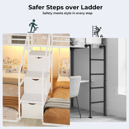 ADORNEVE Triple Bunk Bed with Storage Staircase and RGB Lights Metal Twin Over Twin Bed with Charging Station and Headboard Shelf