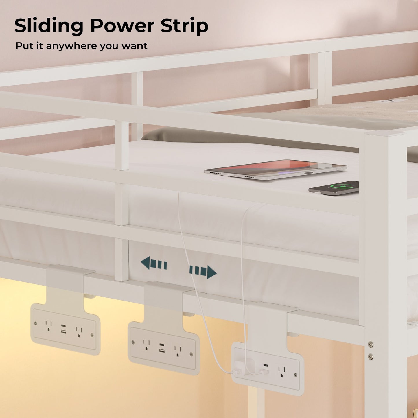 ADORNEVE Triple Bunk Bed with Storage Staircase and RGB Lights Metal Twin Over Twin Bed with Charging Station and Headboard Shelf