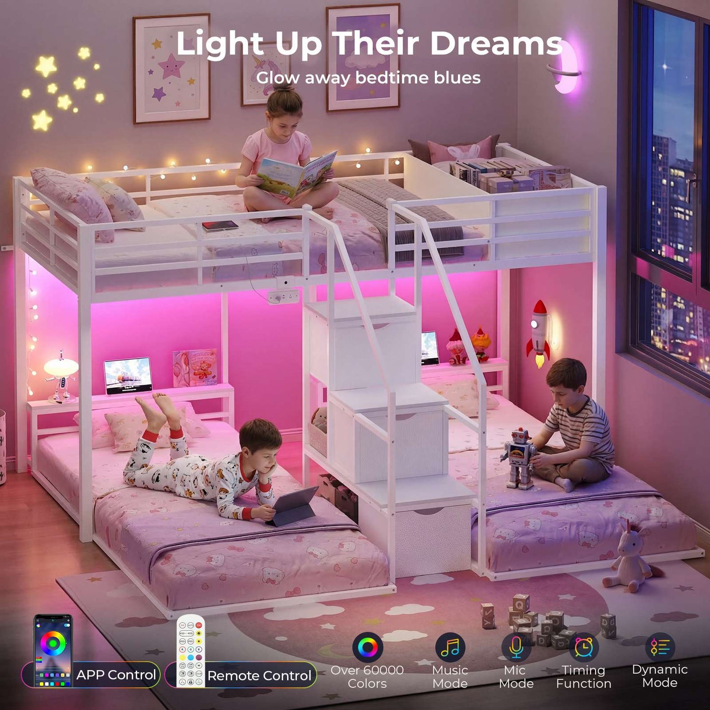 ADORNEVE Triple Bunk Bed with Storage Staircase and RGB Lights Metal Twin Over Twin Bed with Charging Station and Headboard Shelf