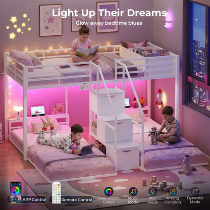 ADORNEVE Triple Bunk Bed with Storage Staircase and RGB Lights Metal Twin Over Twin Bed with Charging Station and Headboard Shelf