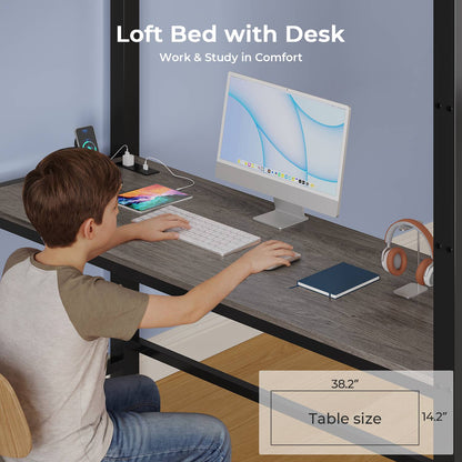 ADORNEVE Loft Bed with Desk Storage Drawers and Power Outlet Metal Twin Loft Bed with LED Lights and Safety Guardrail