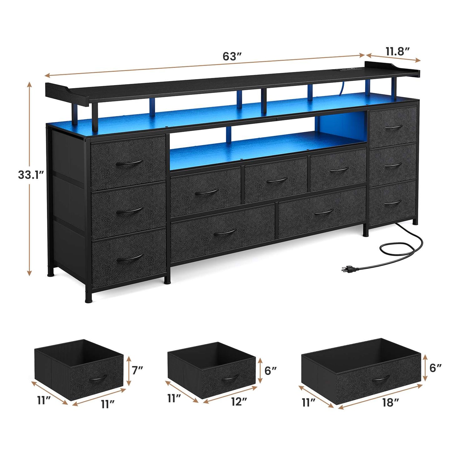 ADORNEVE TV Stand with 11 Fabric Drawers and Open Shelves for 65 Inch TV 63" W Large TV stand with LED Lights and Charging Station