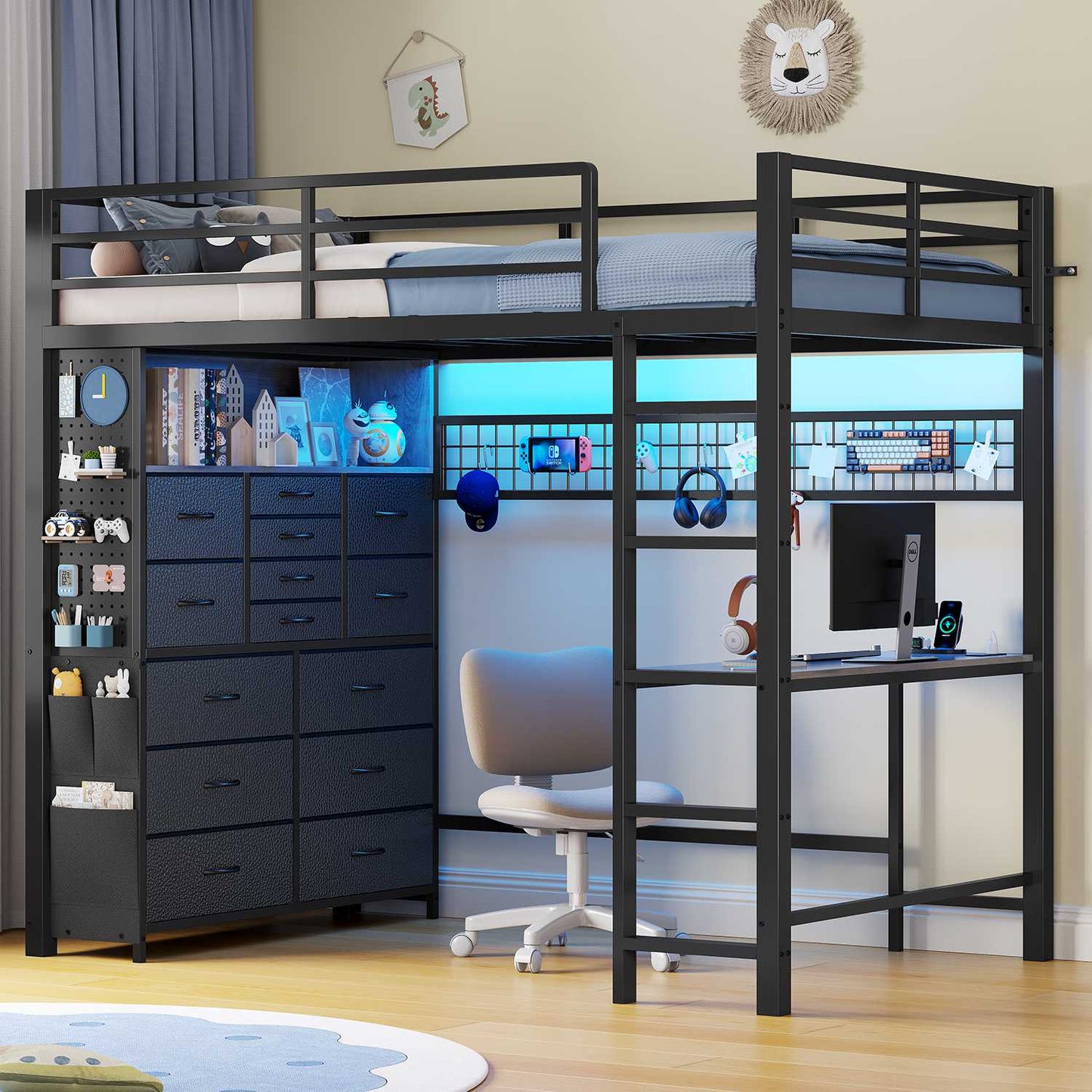 ADORNEVE Loft Bed with Desk Storage Drawers and Power Outlet Metal Twin Loft Bed with LED Lights and Safety Guardrail