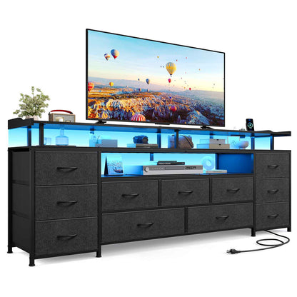 ADORNEVE TV Stand with 11 Fabric Drawers and Open Shelves for 65 Inch TV 63" W Large TV stand with LED Lights and Charging Station