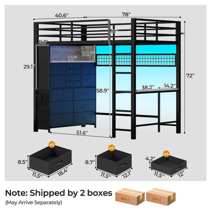 ADORNEVE Loft Bed with Desk Storage Drawers and Power Outlet Metal Twin Loft Bed with LED Lights and Safety Guardrail