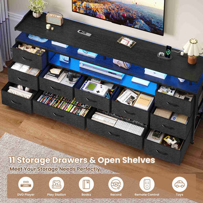 ADORNEVE TV Stand with 11 Fabric Drawers and Open Shelves for 65 Inch TV 63" W Large TV stand with LED Lights and Charging Station