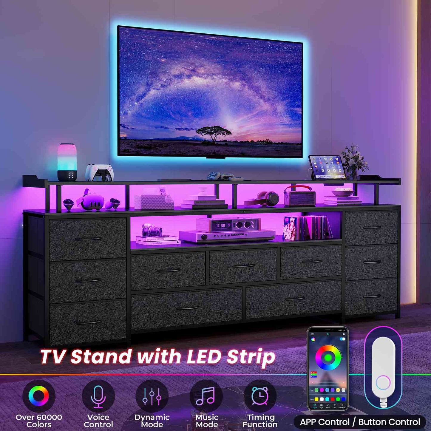 ADORNEVE TV Stand with 11 Fabric Drawers and Open Shelves for 65 Inch TV 63" W Large TV stand with LED Lights and Charging Station