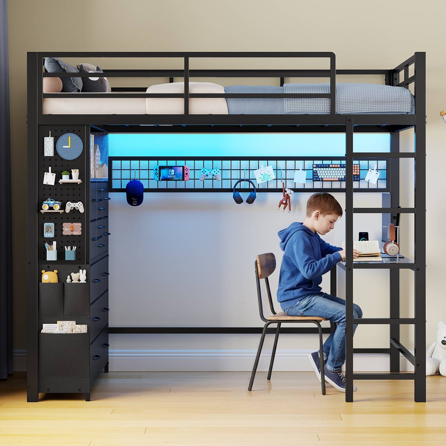 ADORNEVE Loft Bed with Desk Storage Drawers and Power Outlet Metal Twin Loft Bed with LED Lights and Safety Guardrail