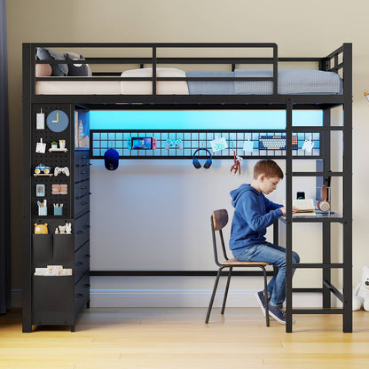 ADORNEVE Loft Bed with Desk Storage Drawers and Power Outlet Metal Twin Loft Bed with LED Lights and Safety Guardrail