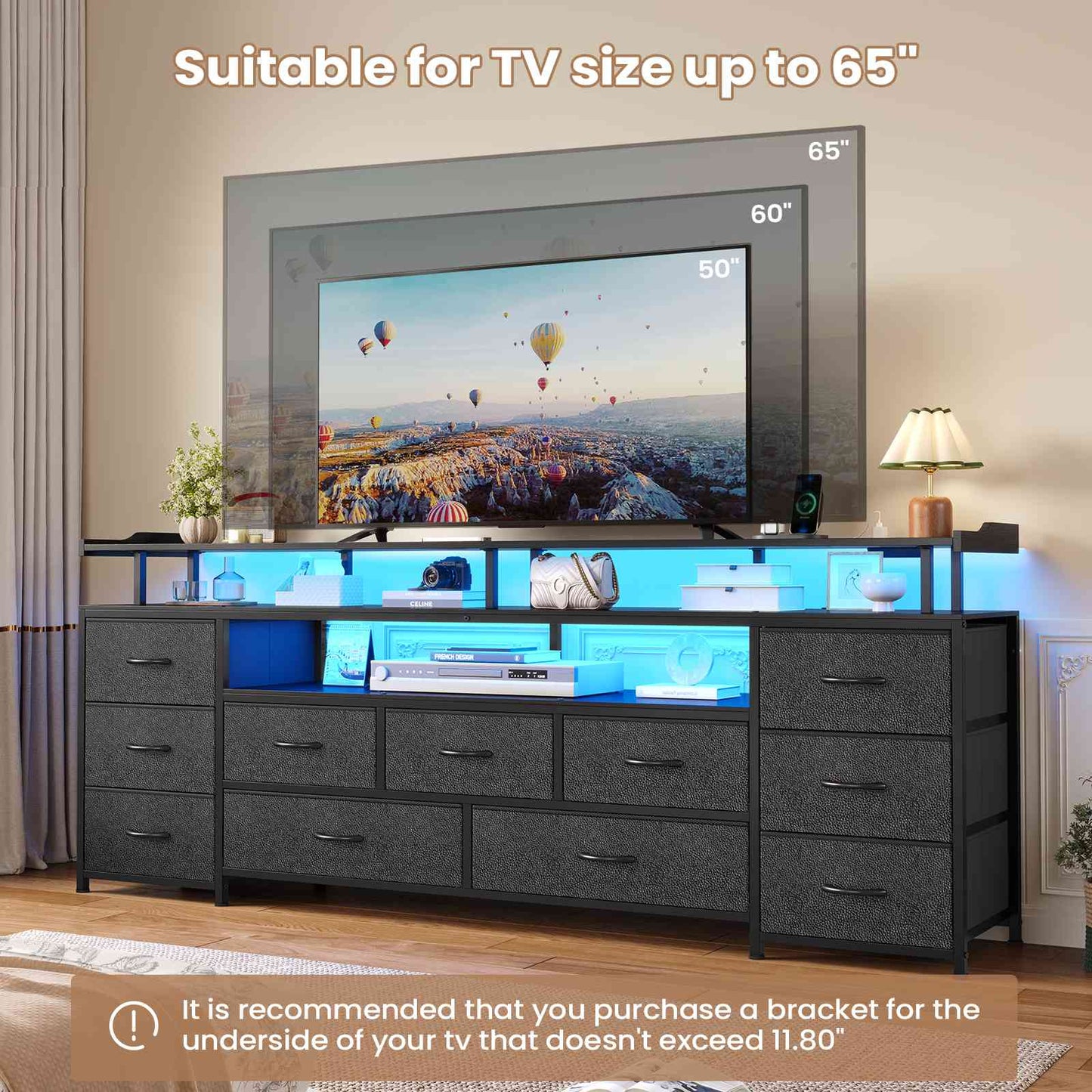 ADORNEVE TV Stand with 11 Fabric Drawers and Open Shelves for 65 Inch TV 63" W Large TV stand with LED Lights and Charging Station
