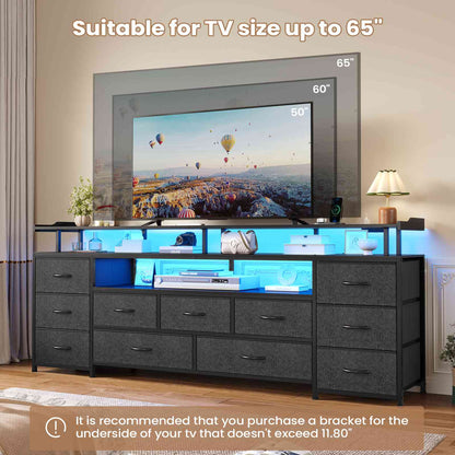 ADORNEVE TV Stand with 11 Fabric Drawers and Open Shelves for 65 Inch TV 63" W Large TV stand with LED Lights and Charging Station