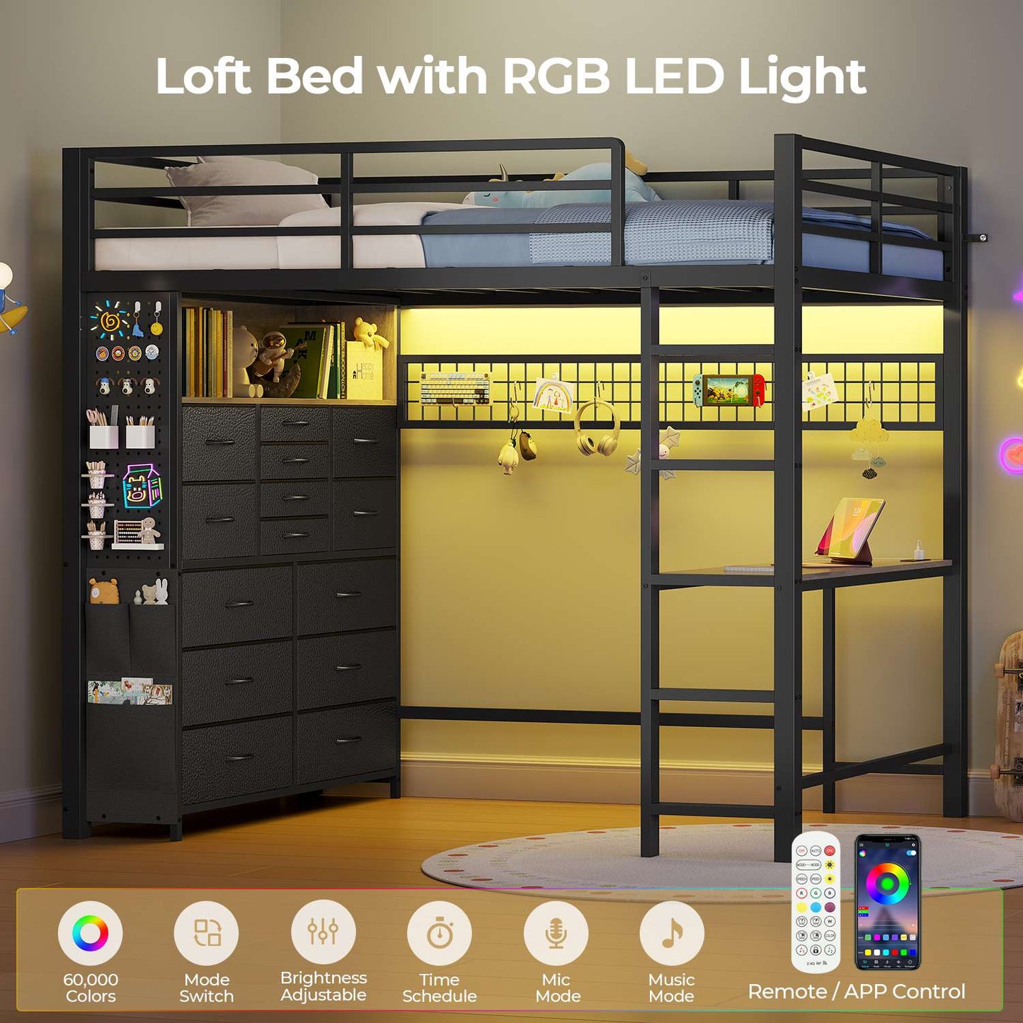 ADORNEVE Loft Bed with Desk Storage Drawers and Power Outlet Metal Twin Loft Bed with LED Lights and Safety Guardrail