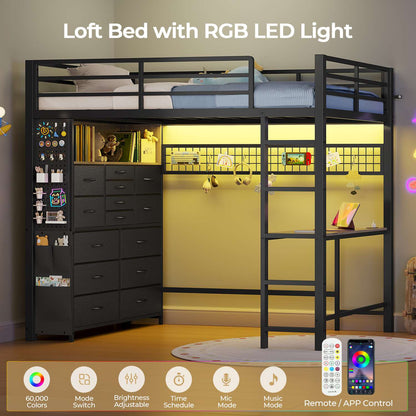 ADORNEVE Loft Bed with Desk Storage Drawers and Power Outlet Metal Twin Loft Bed with LED Lights and Safety Guardrail