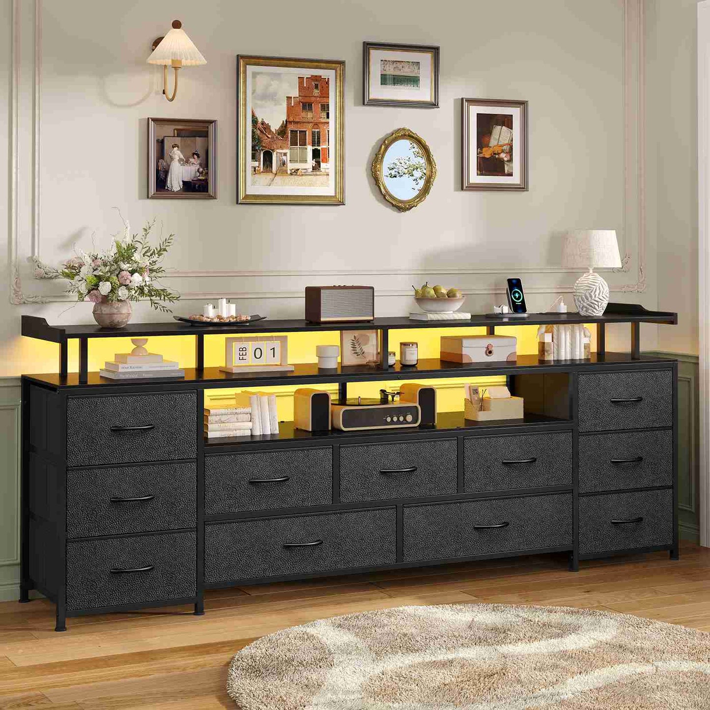 ADORNEVE TV Stand with 11 Fabric Drawers and Open Shelves for 65 Inch TV 63" W Large TV stand with LED Lights and Charging Station