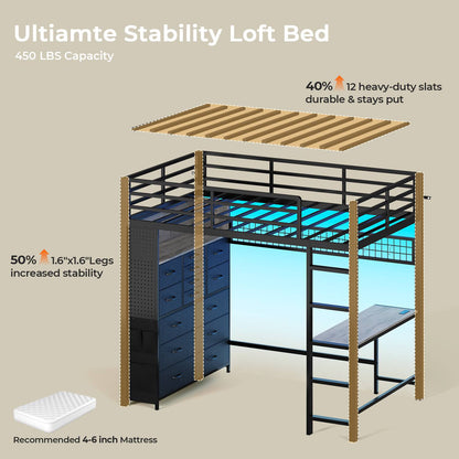 ADORNEVE Loft Bed with Desk Storage Drawers and Power Outlet Metal Twin Loft Bed with LED Lights and Safety Guardrail