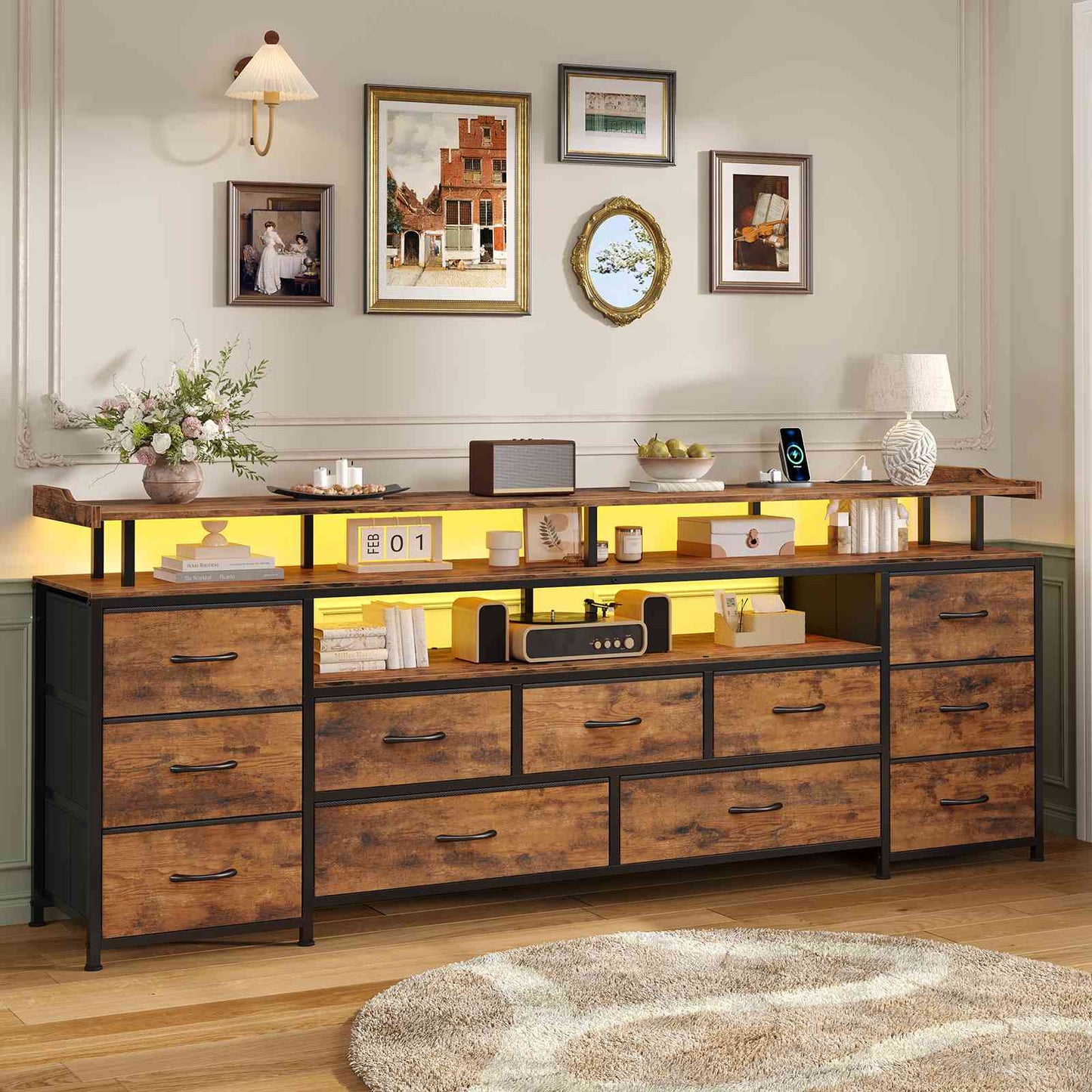 ADORNEVE TV Stand with 11 Fabric Drawers and Open Shelves for 65 Inch TV 63" W Large TV stand with LED Lights and Charging Station