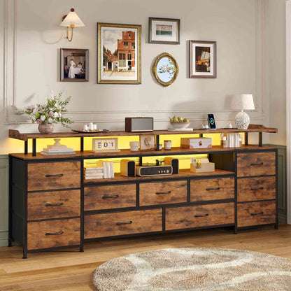 ADORNEVE TV Stand with 11 Fabric Drawers and Open Shelves for 65 Inch TV 63" W Large TV stand with LED Lights and Charging Station