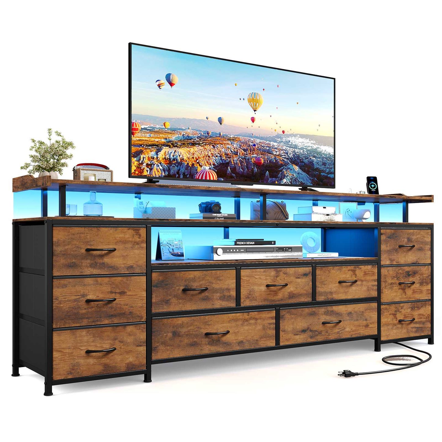 ADORNEVE TV Stand with 11 Fabric Drawers and Open Shelves for 65 Inch TV 63" W Large TV stand with LED Lights and Charging Station