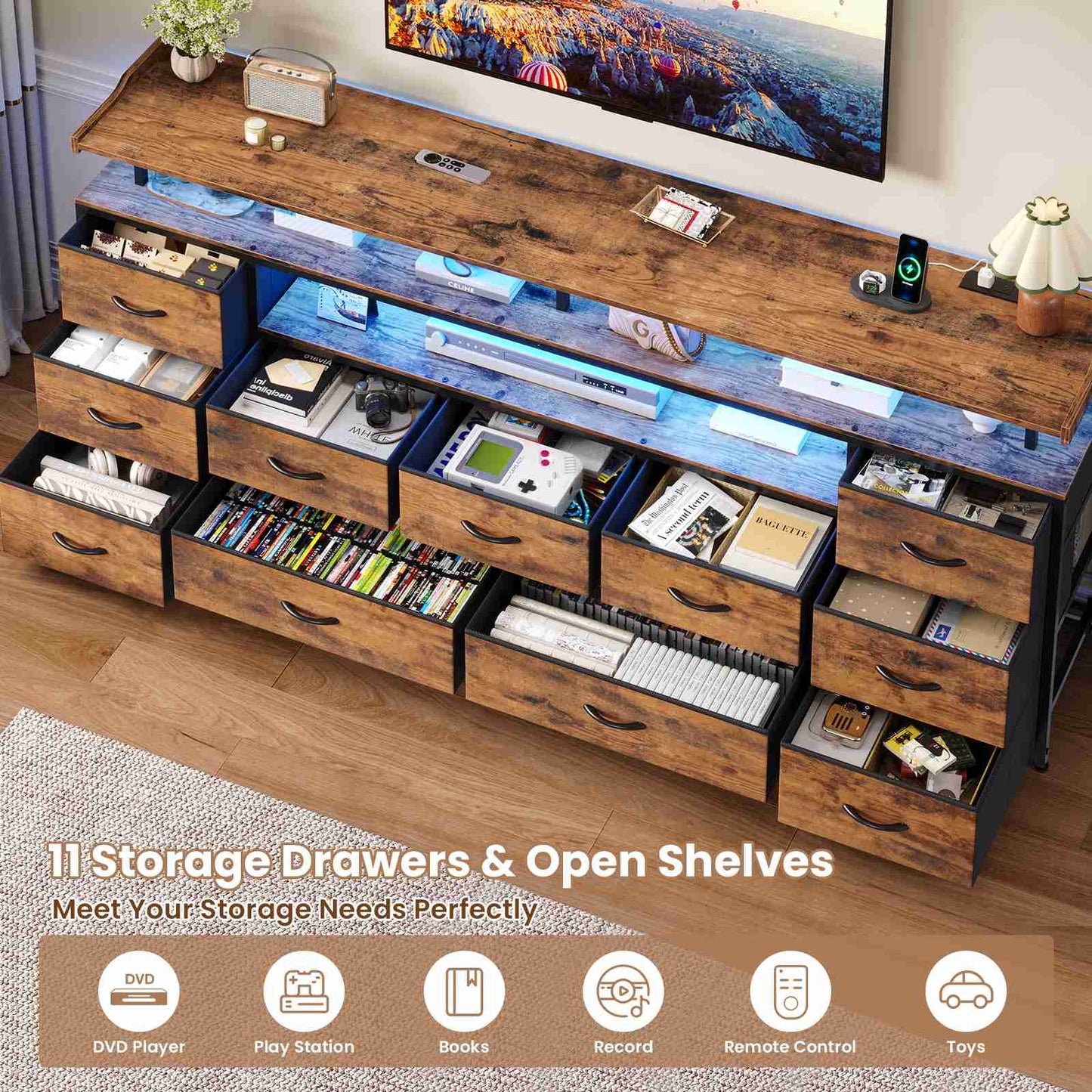 ADORNEVE TV Stand with 11 Fabric Drawers and Open Shelves for 65 Inch TV 63" W Large TV stand with LED Lights and Charging Station