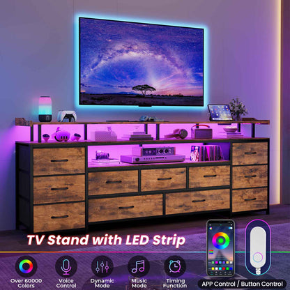 ADORNEVE TV Stand with 11 Fabric Drawers and Open Shelves for 65 Inch TV 63" W Large TV stand with LED Lights and Charging Station