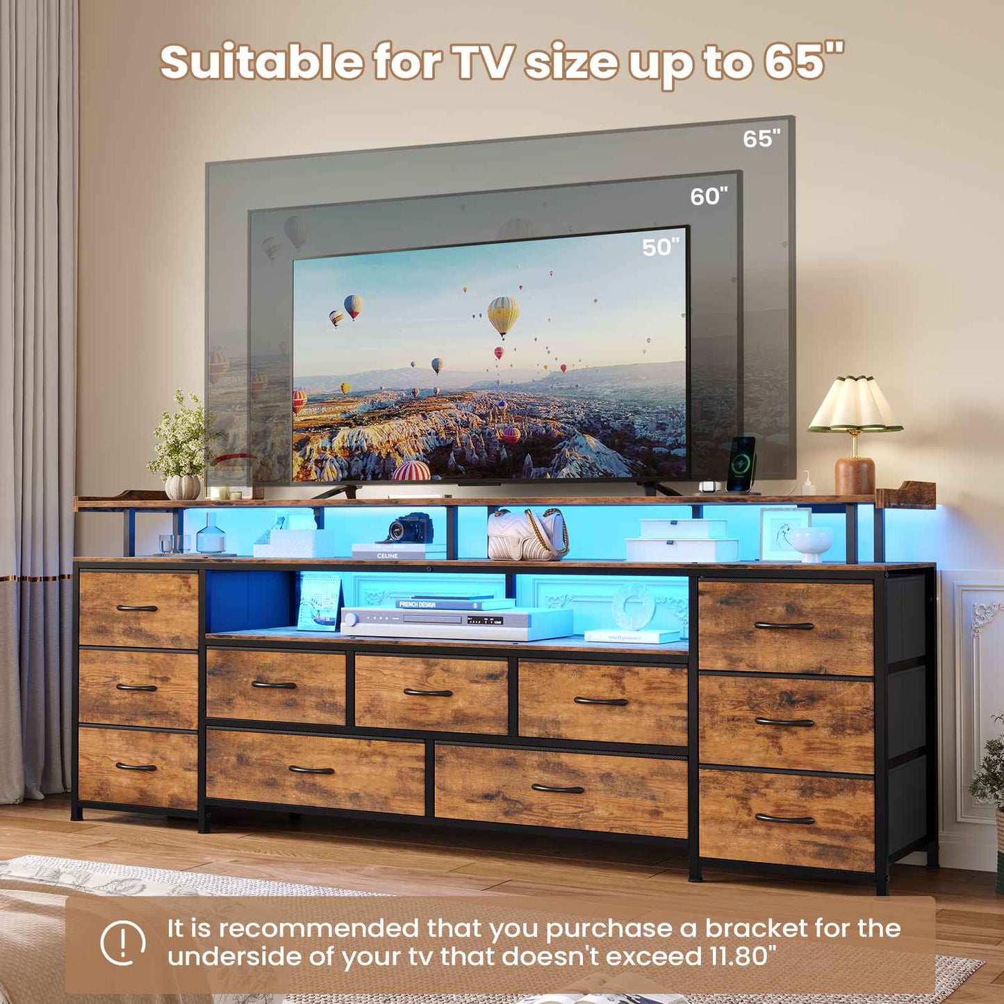 ADORNEVE TV Stand with 11 Fabric Drawers and Open Shelves for 65 Inch TV 63" W Large TV stand with LED Lights and Charging Station