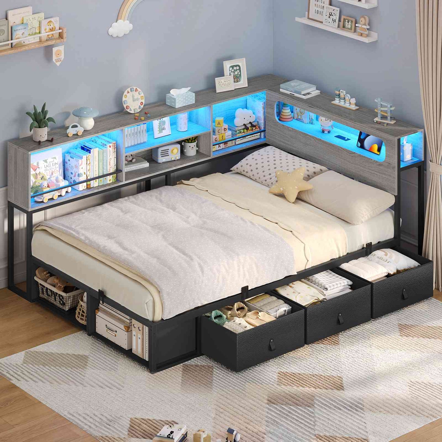 ADORNEVE Corner Bed Frame with 3 Drawers and 2 Open Cubbies Metal  Daybed with LED Light Headboard and Charging Station