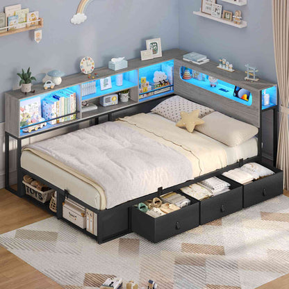 ADORNEVE Corner Bed Frame with 3 Drawers and 2 Open Cubbies Metal  Daybed with LED Light Headboard and Charging Station