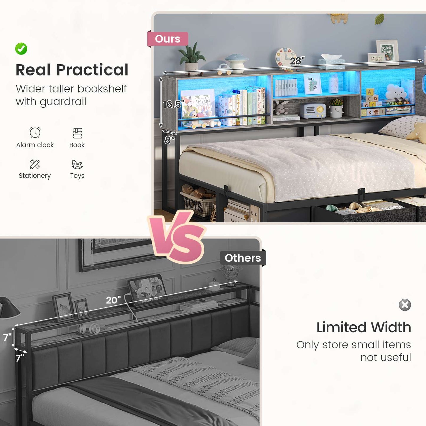 ADORNEVE Corner Bed Frame with 3 Drawers and 2 Open Cubbies Metal  Daybed with LED Light Headboard and Charging Station
