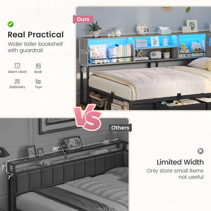 ADORNEVE Corner Bed Frame with 3 Drawers and 2 Open Cubbies Metal  Daybed with LED Light Headboard and Charging Station