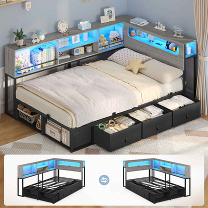 ADORNEVE Corner Bed Frame with 3 Drawers and 2 Open Cubbies Metal  Daybed with LED Light Headboard and Charging Station